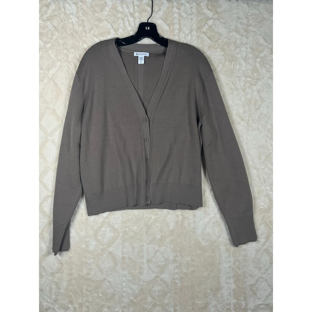 Athleta Women’s XL Cardigan Sweater Beige Button Front Rib Knit Soft NWOT